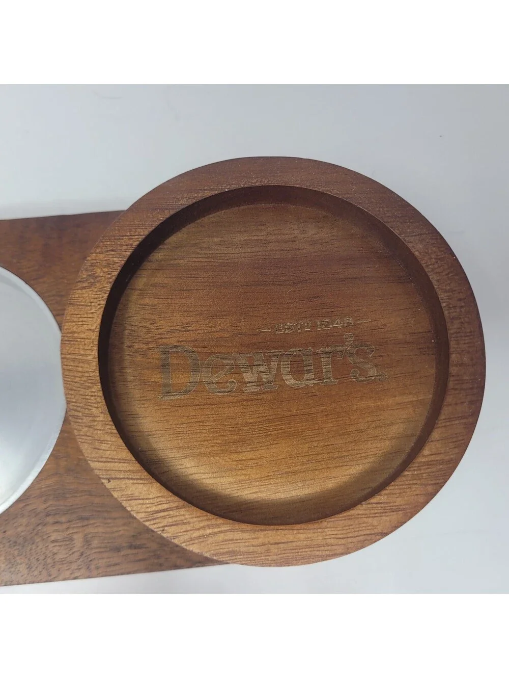 Dewars Scotch Whisky Wood Glass Cigar Ashtray Tray Caddy Coaster Barware Set